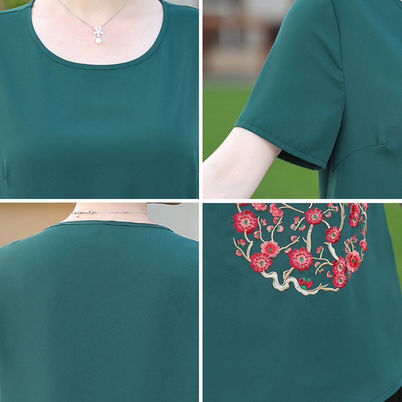 妈妈夏装套装新款加肥加大码雪纺衫短袖t恤上衣中老年女装两件套