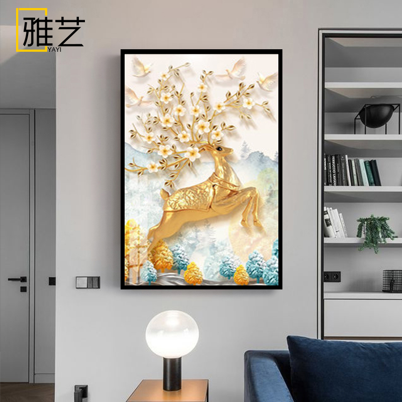 欧式玄关装饰画入户走廊过道竖版挂画美式风格招财麋鹿壁画楼梯画图片