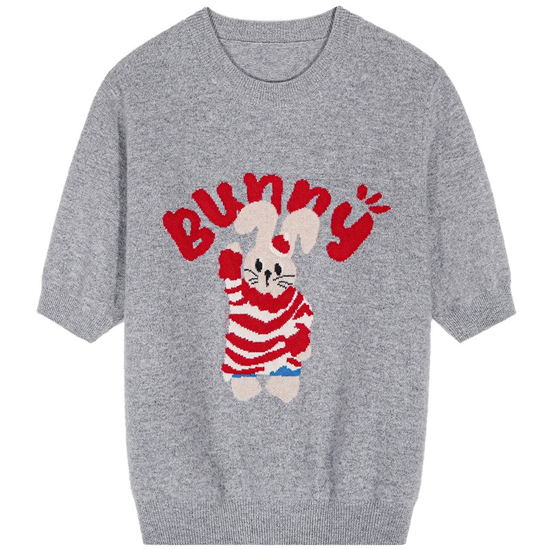 落落狷介 灰色毛衣女2025年早春新款设计感小个子套头毛线衣短袖