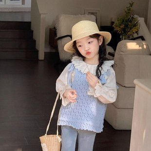 2025新款春装女童蓝色马甲白色翻领娃娃衫花边领衬衫套装牛仔裤子