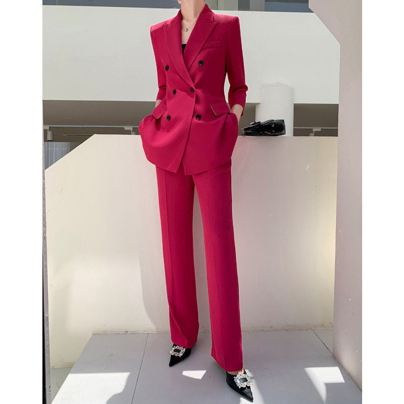红色西装套装女夏季薄款时尚短袖职业正装气质女神范休闲西装外套