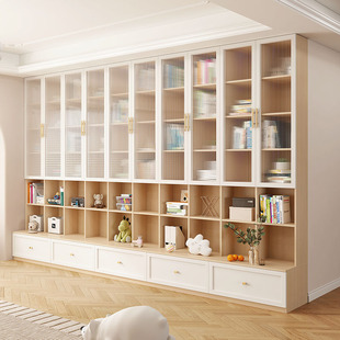 定制满墙书柜带卡座一体组合带玻璃门落地到顶白色书橱原木奶油风