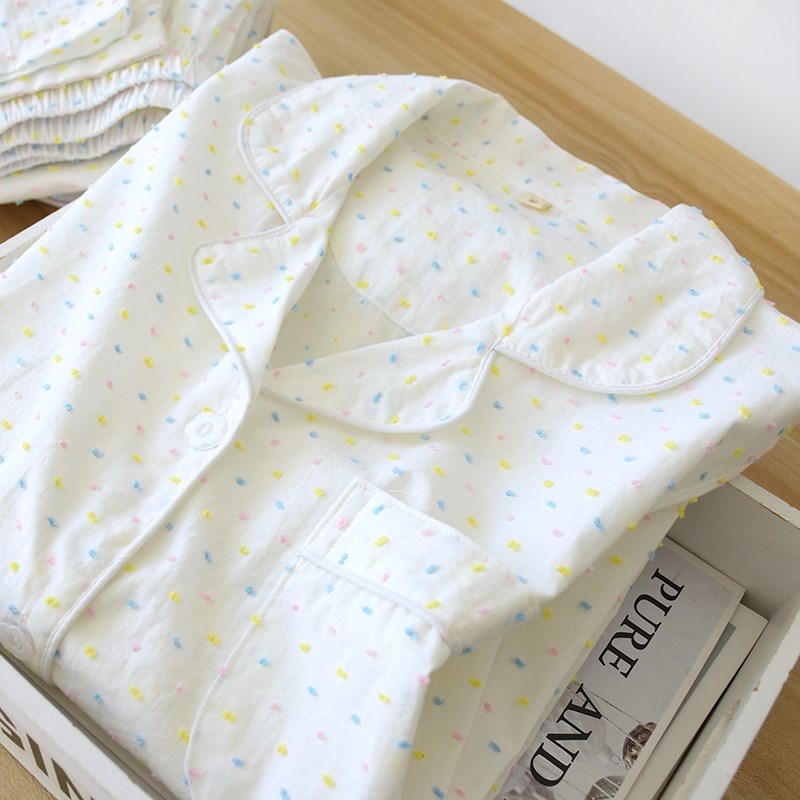 白色睡衣女春秋长袖纯棉纱布提花夏季薄款甜美宽松学生家居服套装