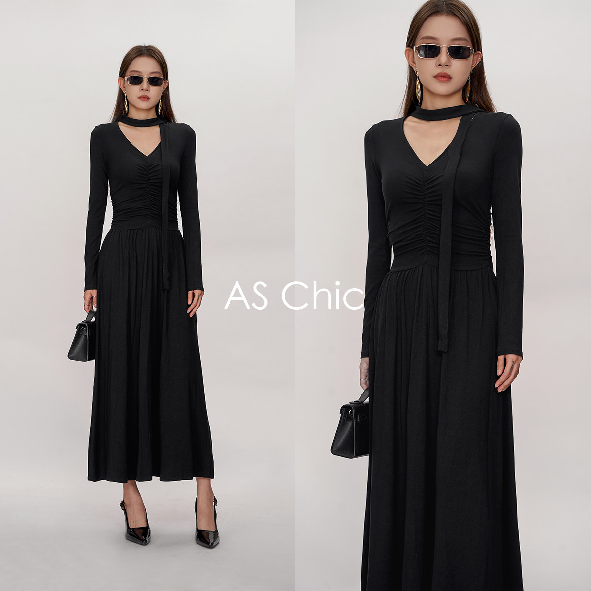 AS chicAW「智性穿搭」褶皱飘带内搭女V领修身a字针织长裙ASL1324