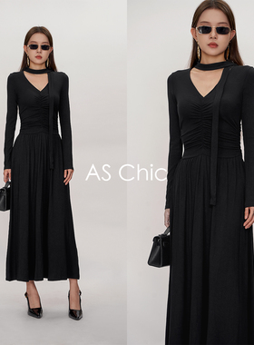 AS chicAW「智性穿搭」褶皱飘带内搭女V领修身a字针织长裙ASL1324