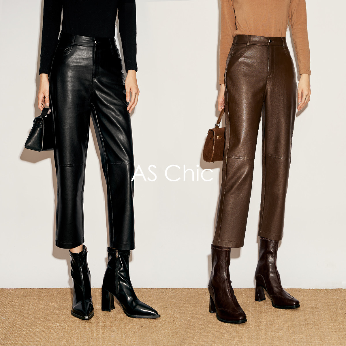 AS chicAW 摩登时代/环保蛋白PU直筒修身烟管9分皮小脚裤ASP1445