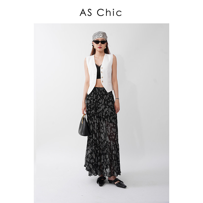 AS chic25SS 时髦百搭人造真丝半身裙碎花裙夏季中长款印花高腰