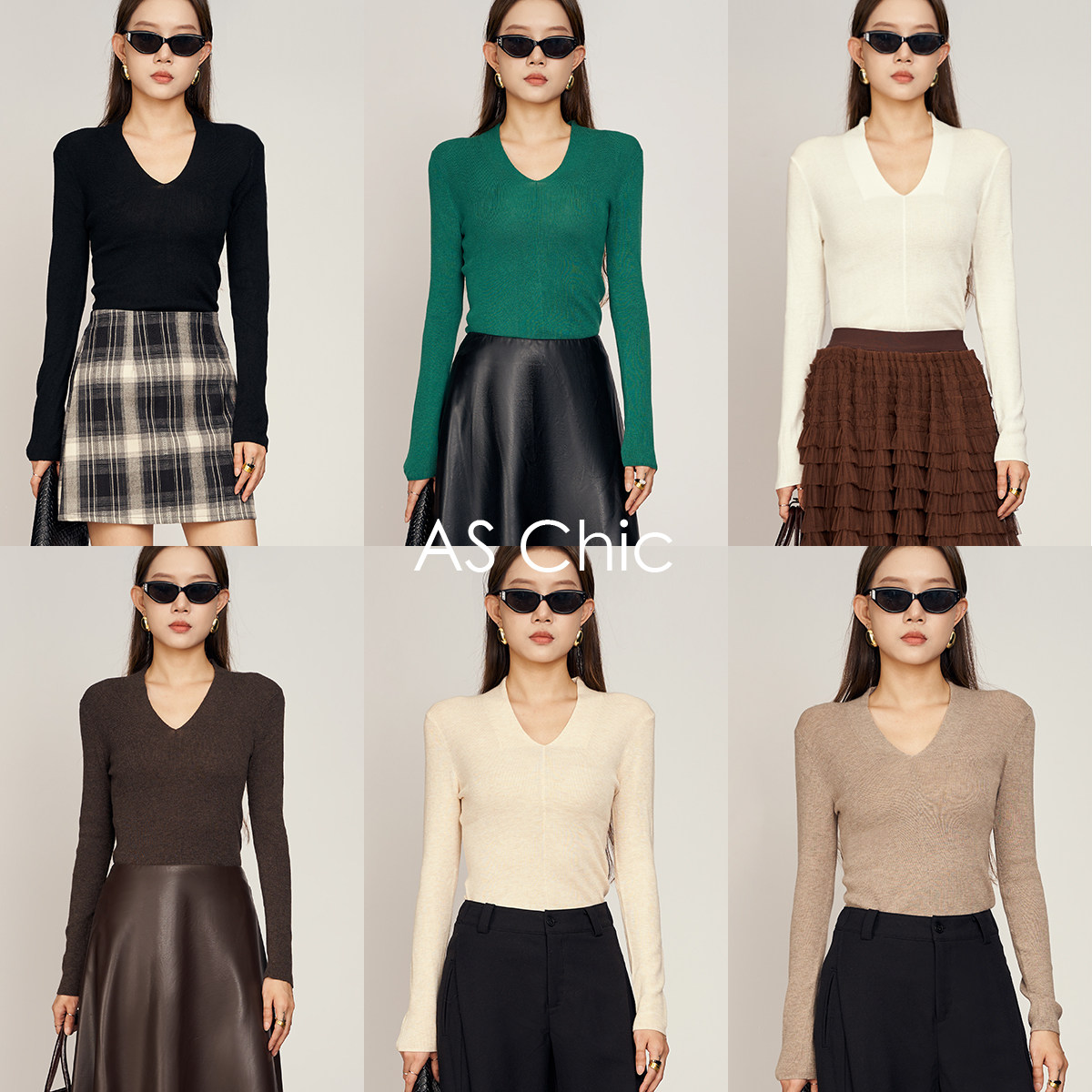 AS chicAW 「0压感」美丽诺配色打底时尚修身V领毛衣ASY1758