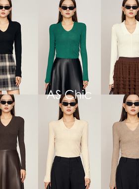 AS chicAW 「0压感」美丽诺配色打底时尚修身V领毛衣ASY1758