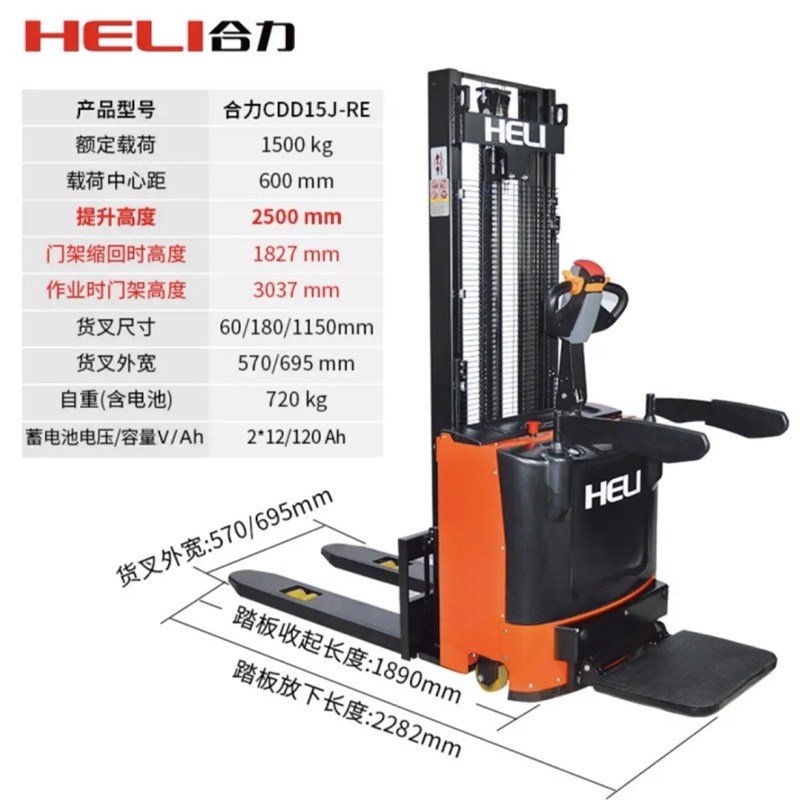 合力叉车1.5吨2T电动堆高车CDD15J-RE站驾式托盘堆垛升降装卸铲车