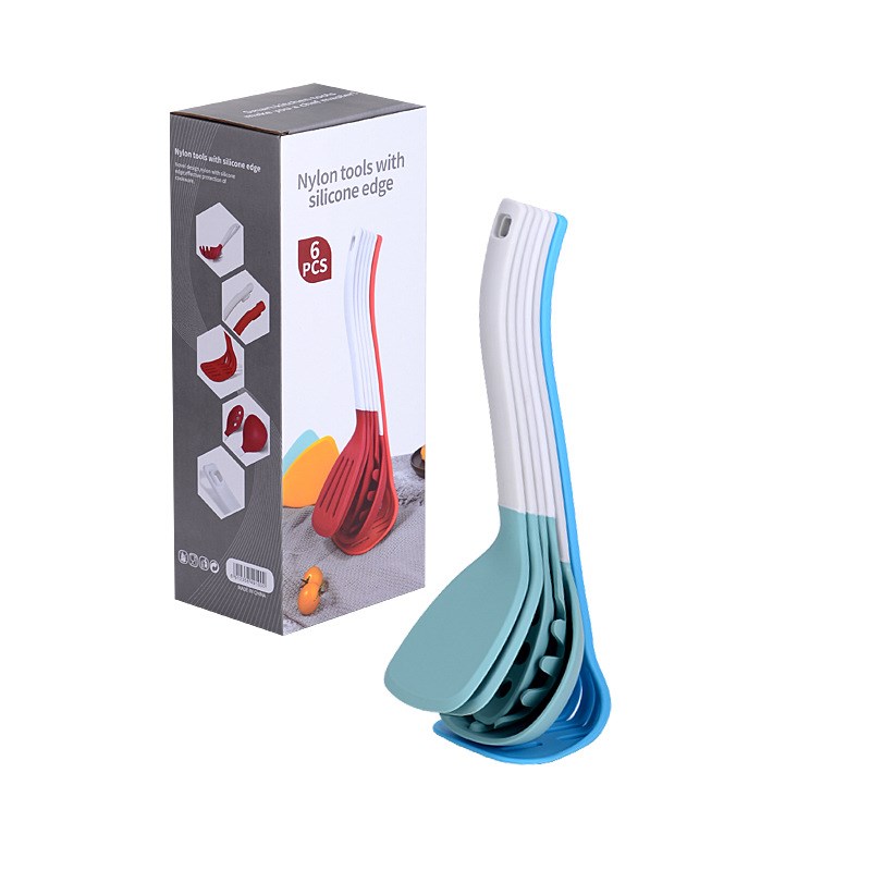 硅胶厨具6件套可收纳不粘锅铲勺套装耐高温硅胶铲尼龙柄厨房用具