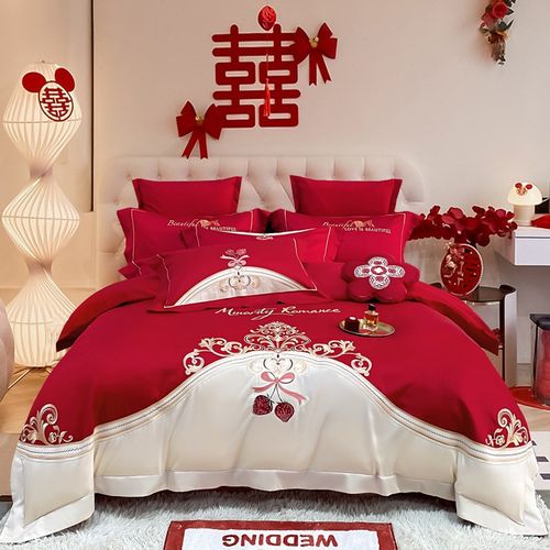 100支长绒棉轻奢刺绣婚庆四件套床上用品结婚四件套红色床单被套