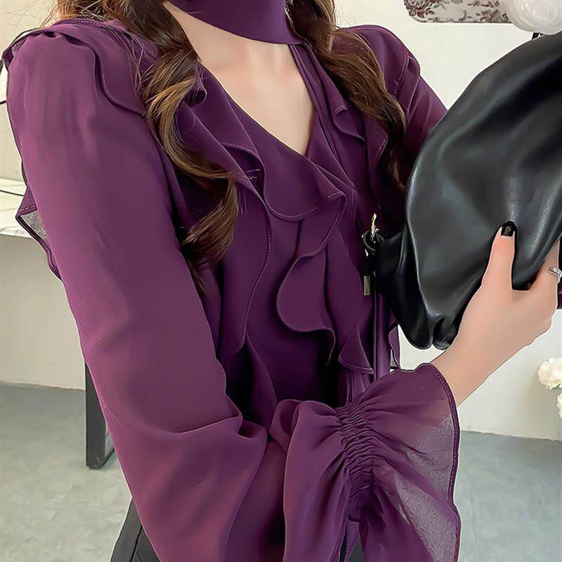 新品韩版系脖带雪纺女衬衫轻奢高级感衬衣显瘦V领荷叶边长袖秋装