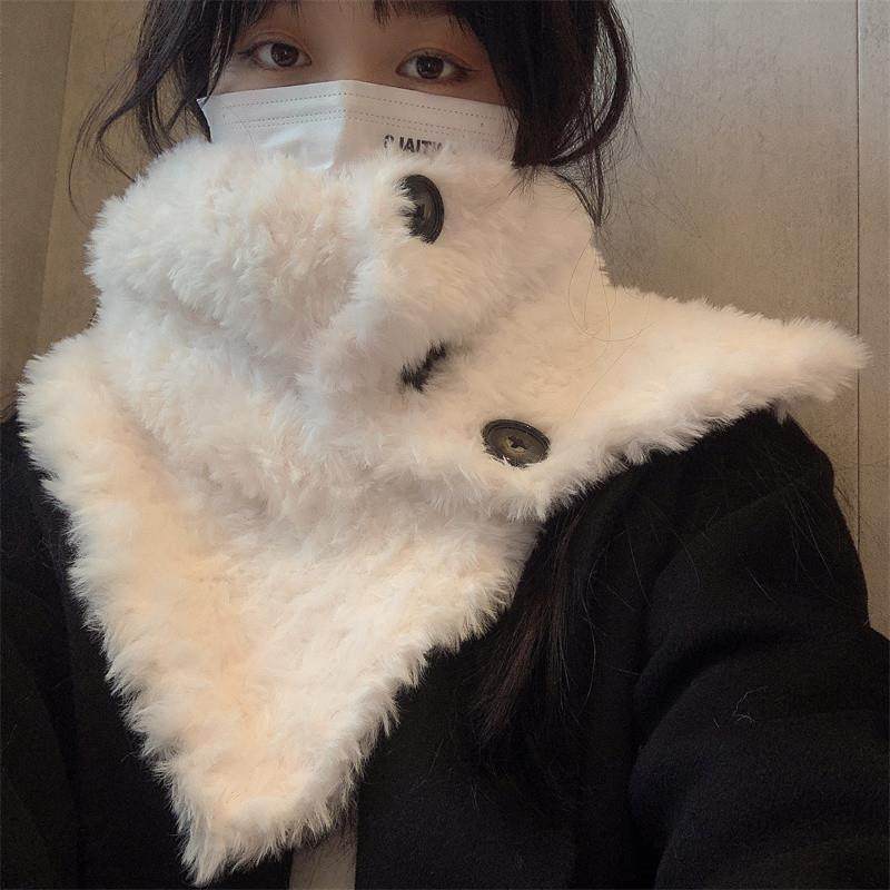 韩国ins毛绒绒围脖女冬季加厚保暖百搭显白纽扣围巾护颈脖套披肩