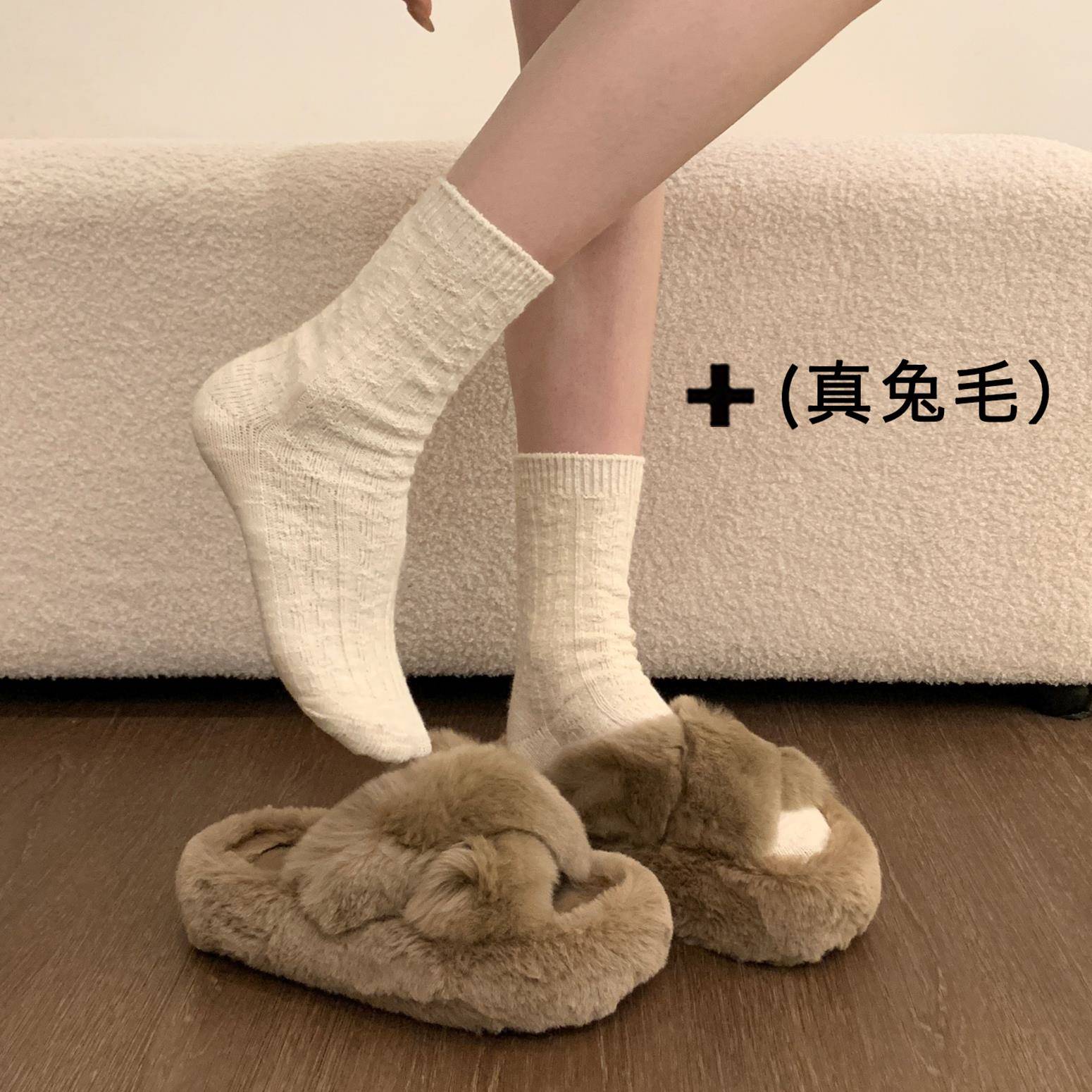 好货巨好看兔毛厚底毛毛拖鞋女外穿2026新款冬季黑色毛绒一字拖棉