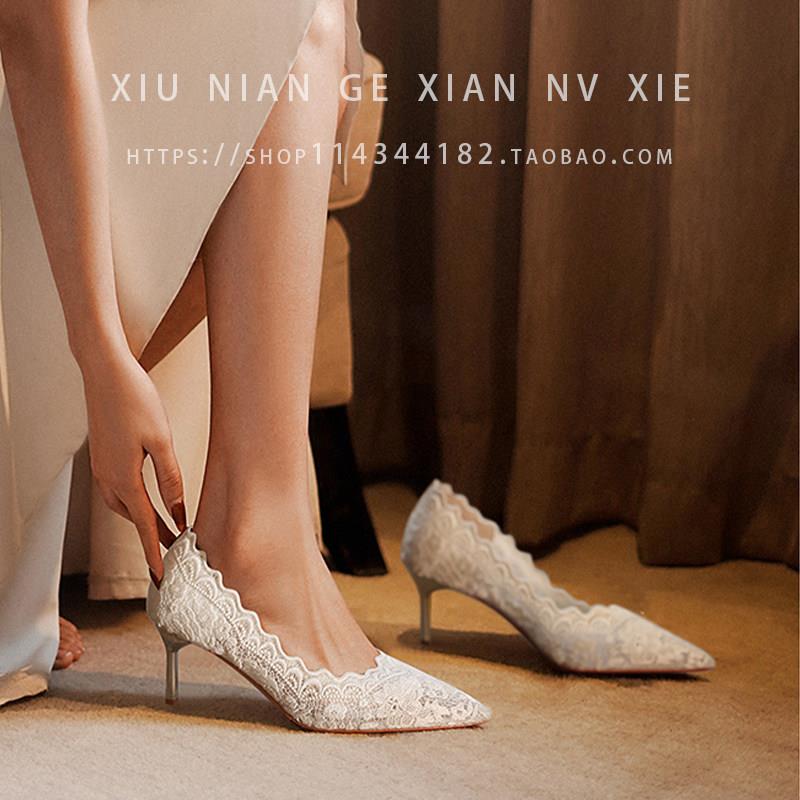 好货白色高跟鞋婚鞋女2025年春季新款尖头细跟刺绣蕾丝秀禾婚纱新