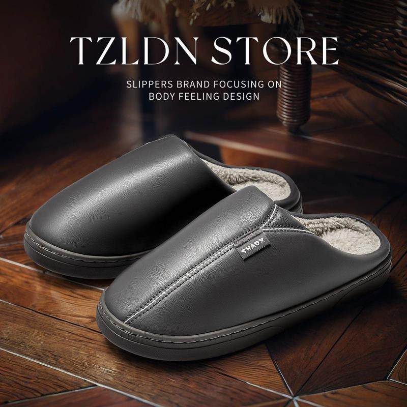 防水棉拖鞋男款秋冬季2024新款室内家居保暖防滑防臭皮面皮拖鞋女