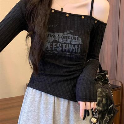 新品时尚辣妹斜肩短款上衣女早秋miu系穿搭酷飒绝美爵士小个子打