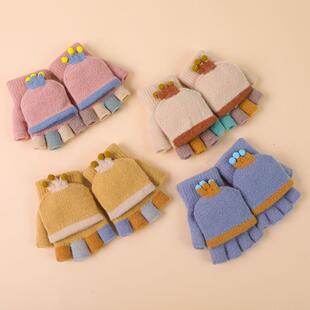 儿童冬季手套男女童半指翻盖宝宝保暖小孩加绒加厚幼儿可爱两用