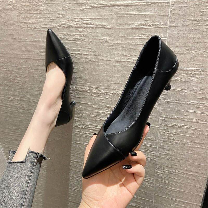 极速真皮高跟鞋女细跟软皮3CM低跟百搭尖头黑色皮鞋工作职业软底