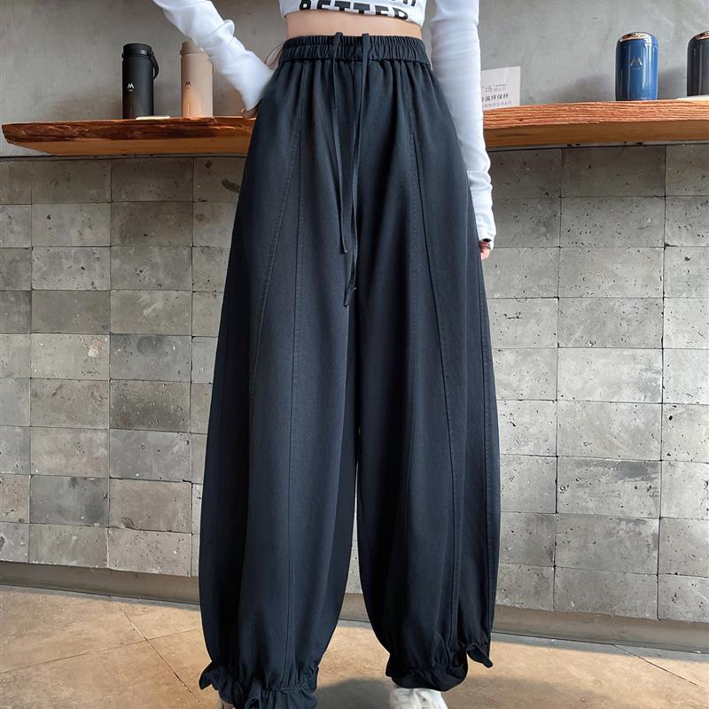 新品木耳边花苞裤灯笼裤女秋季松紧高腰显瘦宽松休闲垂感哈伦九分