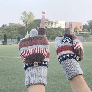 秋冬半指露指翻盖加绒加厚保暖防风女士学生写字户外骑车羊毛手套