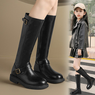 女童高筒靴2025秋冬加绒长筒靴二棉长靴黑色皮带扣女童骑士靴防滑