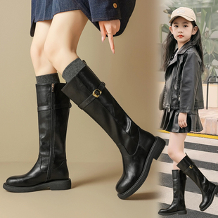女童高筒靴2025冬季新款加绒侧拉链长筒靴冬款保暖长靴防滑女童靴