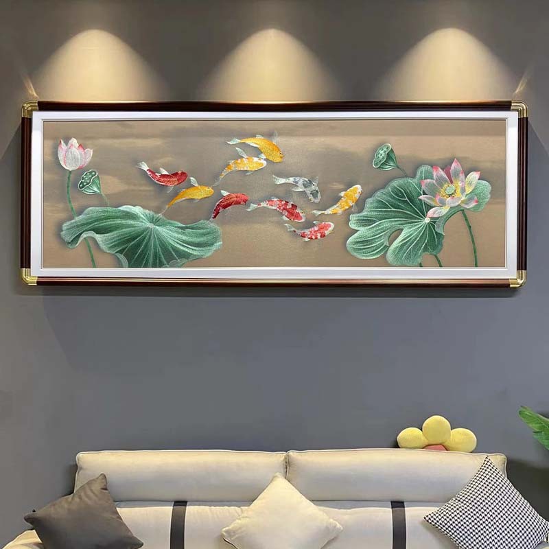 新中式苏绣装饰画现代简约客厅刺绣挂画沙发背景墙织锦绣九鱼聚财图片