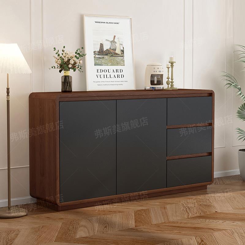 实木餐边柜家用客厅黑色茶水柜厨房橱柜多功能收纳储物柜玄关柜子