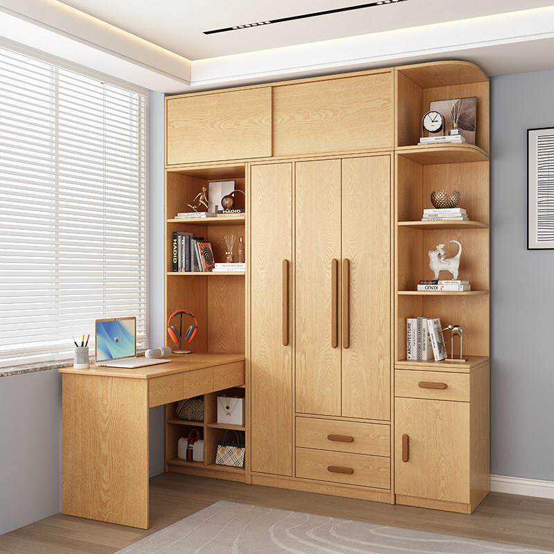 橡木衣柜带转角伸缩连身书桌柜7字小户型实木儿童L型电脑桌组合橱