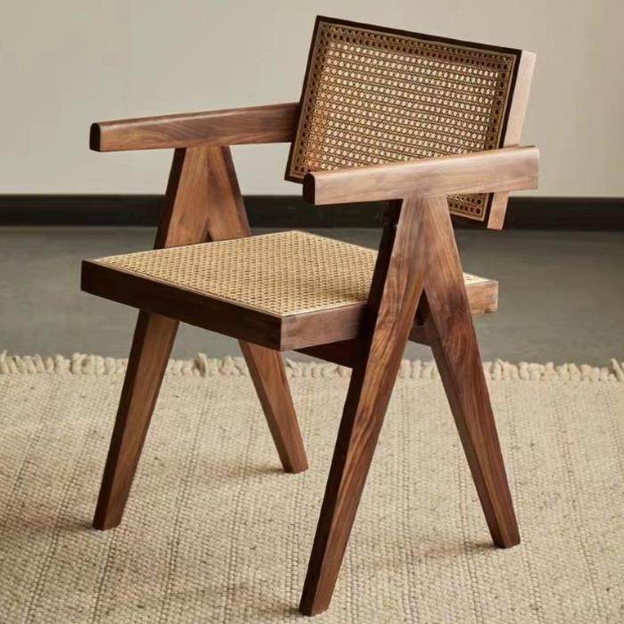 北美黑胡桃实木藤编椅昌迪加尔椅子复古家用简约靠背扶手餐椅