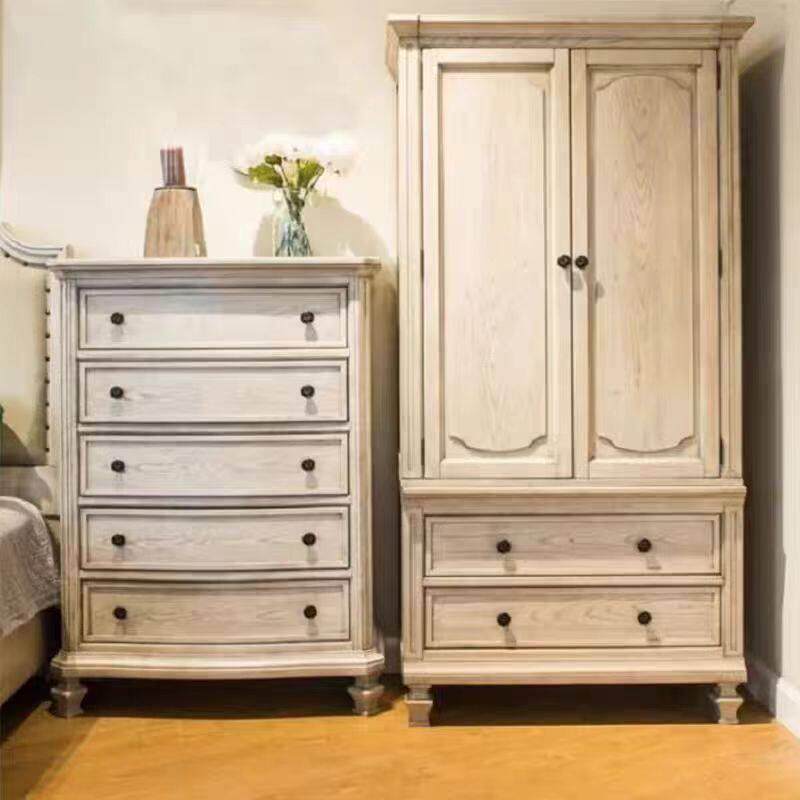 美式覆古实木双门衣柜白色旧五九抽屉柜欧式双门衣柜法国橡木衣柜