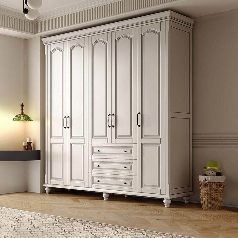 美式复古实木衣柜白色现代简约对开门3456门带抽屉顶柜卧室大衣橱