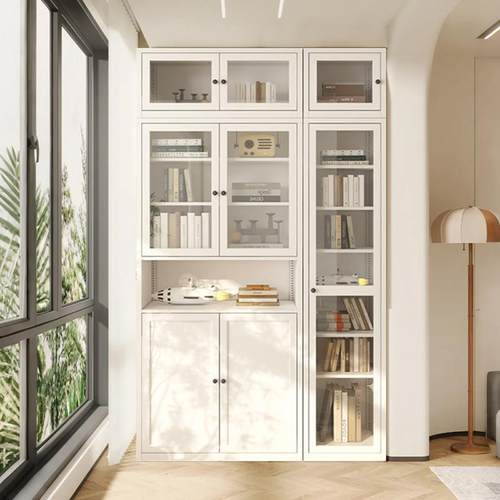 家用钢制书柜收纳柜一体带玻璃门防尘收纳柜阳台落地收纳柜展示柜