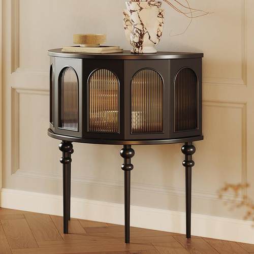 法式覆古玄关柜入户客厅靠墙窄边柜置物架玄关装饰柜半圆实木斗柜