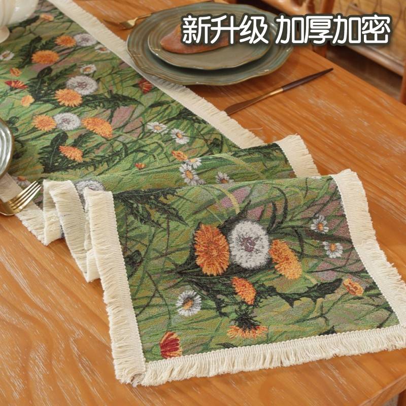 复古绿色花朵桌旗红色中古风餐边柜旗布艺提花茶几电视柜长条尾巾
