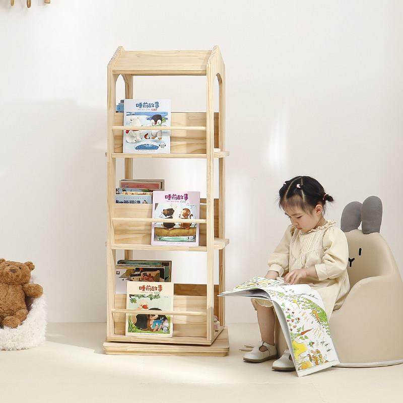 旋转书架儿童绘本架实木展示架立式落地宝宝阅读区布置360度书柜