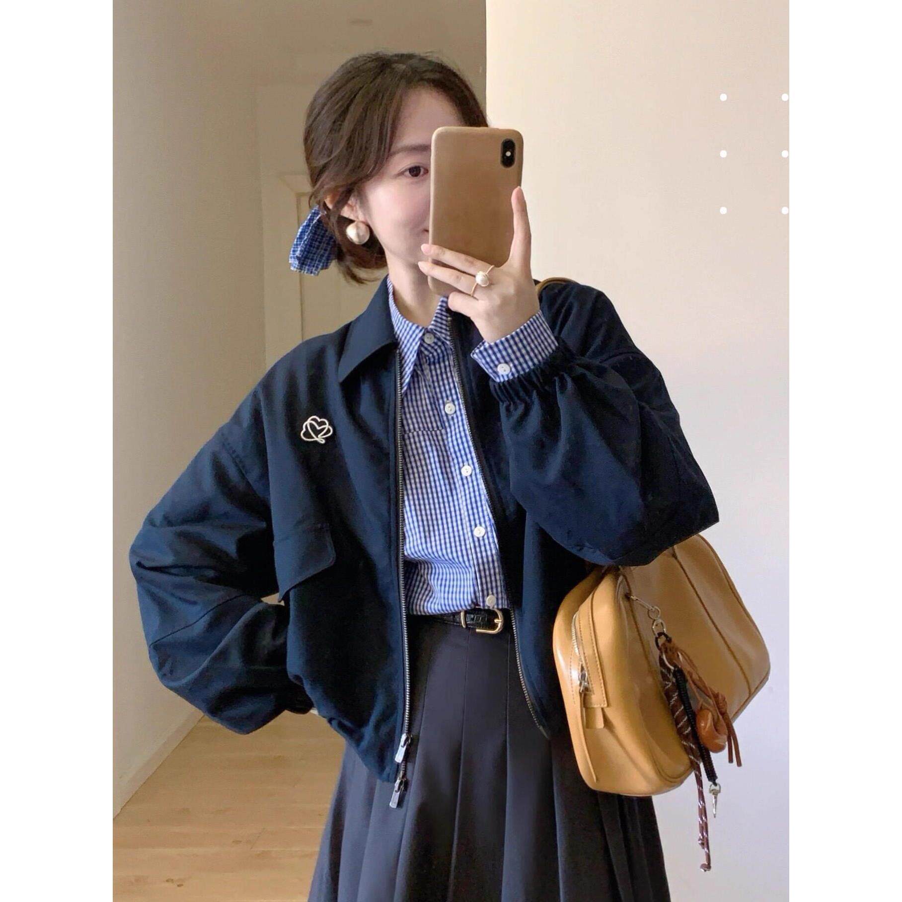 藏蓝色翻领夹克外套女春季韩系小个子休闲宽松百搭高级感短款上衣