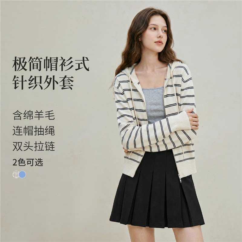 品牌剪标绵羊毛经典连帽双拉链针织开衫2026秋季女装新款休闲上衣