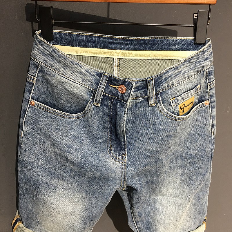 牛仔短裤男 高品质 潮牌印花夏季薄款中裤裤浅蓝色潮流修身五分裤