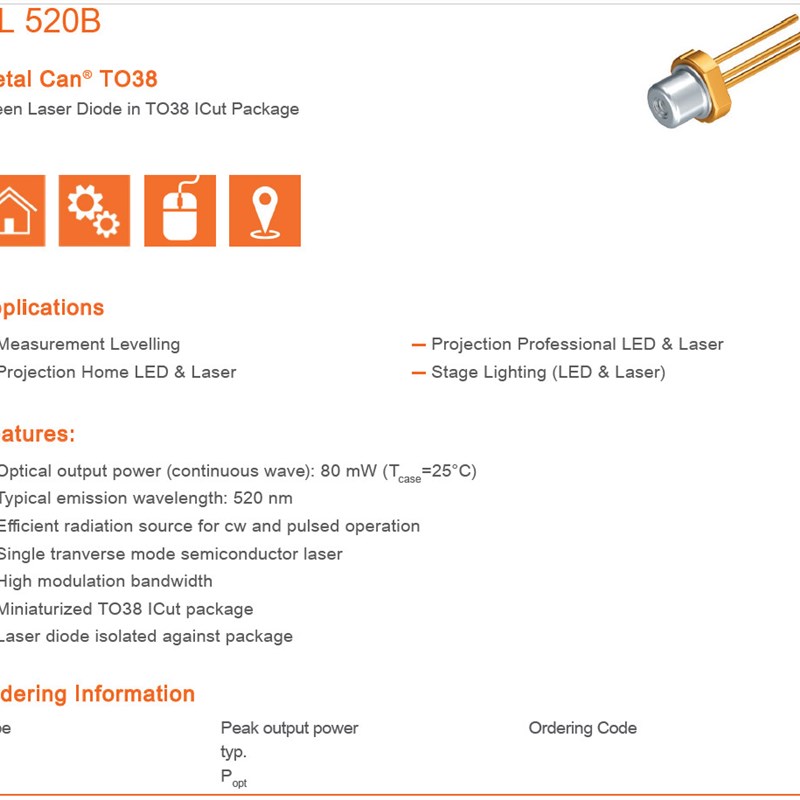 520nm 80mW PL520B 3.8mm绿光激光二极体