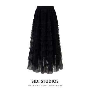 网纱长裙2026春夏新款波西米亚气质女黑色半身裙蛋糕裙显瘦裙子