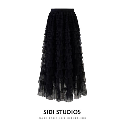 网纱长裙2026春夏新款波西米亚气质女黑色半身裙蛋糕裙显瘦裙子