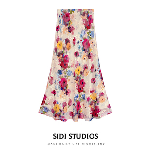 印花半身裙雪纺鱼尾半裙女夏季垂感法式长裙度假穿搭新款气质裙子