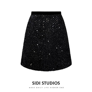 丝绒半身裙小香风亮片直筒半裙2026女春新款黑色短裙通勤显瘦裙子