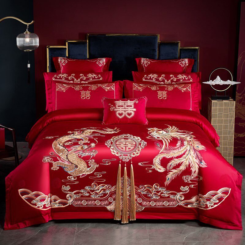 120支长绒棉婚庆四件套u全棉刺绣大红色婚房龙凤结婚床上用品4,床上用品,婚庆床品套件,淘宝优惠券,粉丝福利购,淘宝优惠卷