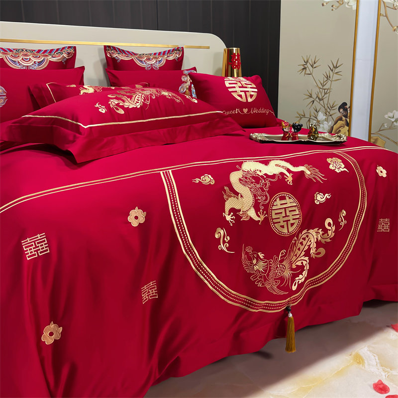 简约160支红色全棉结婚四件套D婚庆喜被陪嫁新婚床上用品4,床上用品,婚庆床品套件,淘宝优惠券,粉丝福利购,淘宝优惠卷