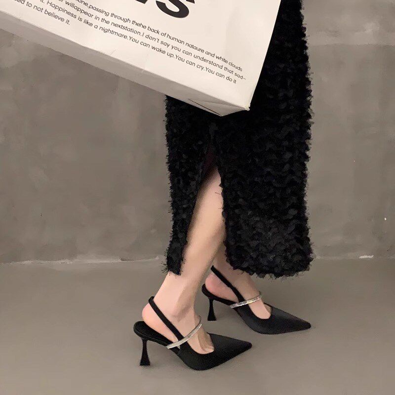 尖头细跟高跟法式单鞋女白色2025年伴娘鞋N一字带水钻气质包头凉