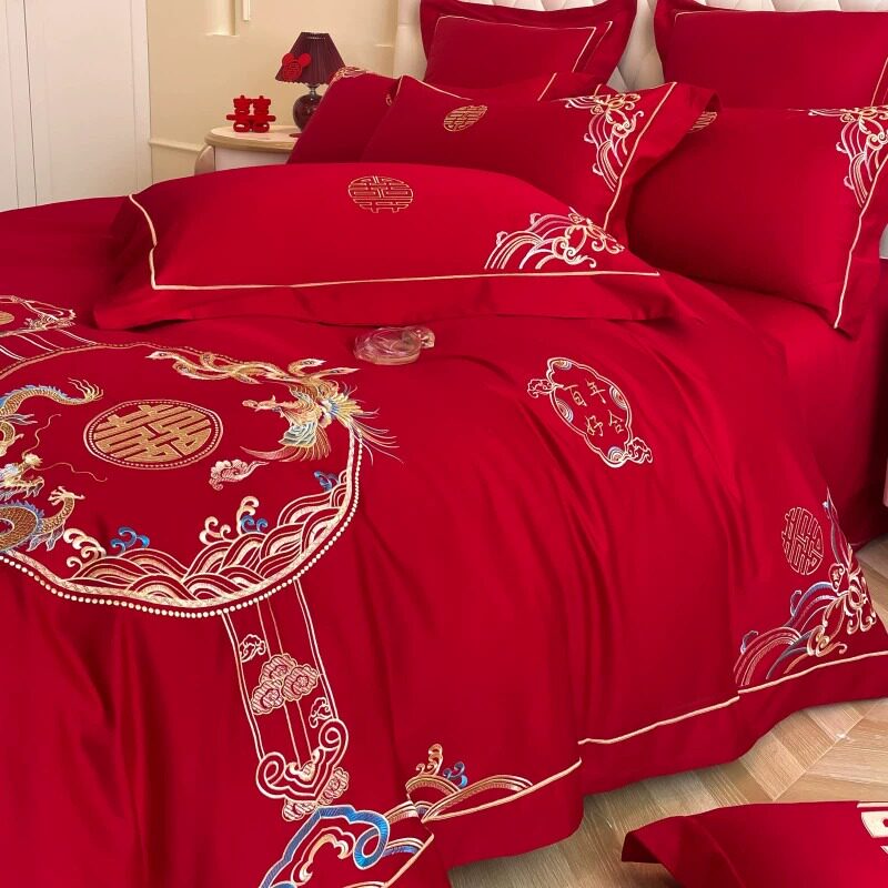 中式简约刺绣婚庆四件组大红色D床单被套结婚床上用品婚房,床上用品,婚庆床品套件,淘宝优惠券,粉丝福利购,淘宝优惠卷